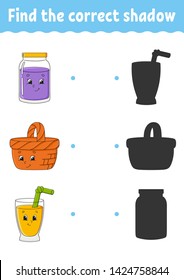 Find the correct shadow. Education developing worksheet. Matching game for kids. Activity page. Puzzle for children. Riddle for preschool. Cute character. Isolated vector illustration. Cartoon style.