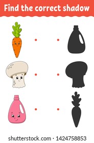 Find the correct shadow. Education developing worksheet. Matching game for kids. Activity page. Puzzle for children. Riddle for preschool. Cute character. Isolated vector illustration. Cartoon style.