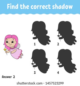 Find the correct shadow. Education developing worksheet. Matching game for kids. Activity page. Puzzle for children. Riddle for preschool. Cute character. Isolated vector illustration. Cartoon style.