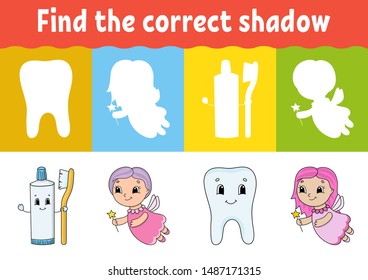 Find the correct shadow. Education developing worksheet. Matching game for kids. Activity page. Puzzle for children. Riddle for preschool. Cute character. Isolated vector illustration. Cartoon style.