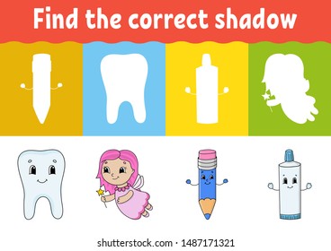 Find the correct shadow. Education developing worksheet. Matching game for kids. Activity page. Puzzle for children. Riddle for preschool. Cute character. Isolated vector illustration. Cartoon style.