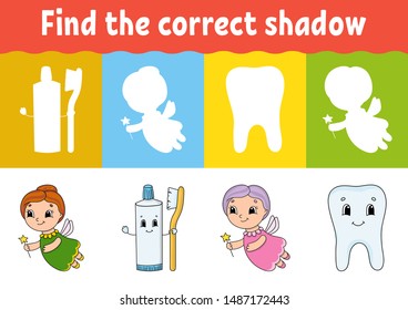 Find the correct shadow. Education developing worksheet. Matching game for kids. Activity page. Puzzle for children. Riddle for preschool. Cute character. Isolated vector illustration. Cartoon style.