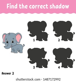 Find the correct shadow. Education developing worksheet. Matching game for kids. Activity page. Puzzle for children. Riddle for preschool. Cute character. Isolated vector illustration. Cartoon style.