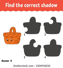 Find the correct shadow. Education developing worksheet. Matching game for kids. Activity page. Puzzle for children. Riddle for preschool. Cute character. Isolated vector illustration. Cartoon style.