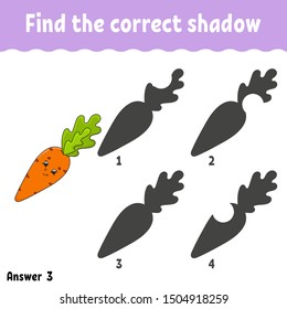 Find the correct shadow. Education developing worksheet. Matching game for kids. Activity page. Puzzle for children. Riddle for preschool. Cute character. Isolated vector illustration. Cartoon style.