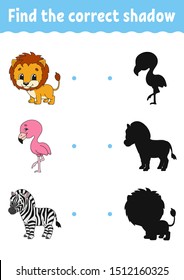Find the correct shadow. Education developing worksheet. Matching game for kids. Activity page. Puzzle for children. Riddle for preschool. Cute character. Isolated vector illustration. Cartoon style.