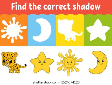 Find the correct shadow. Education developing worksheet. Matching game for kids. Activity page. Puzzle for children. Riddle for preschool. Cute character. Isolated vector illustration. Cartoon style.