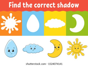 Find the correct shadow. Education developing worksheet. Matching game for kids. Activity page. Puzzle for children. Riddle for preschool. Cute character. Isolated vector illustration. Cartoon style.