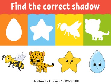 Find the correct shadow. Education developing worksheet. Matching game for kids. Activity page. Puzzle for children. Riddle for preschool. Cute character. Isolated vector illustration. Cartoon style.