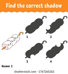 Find the correct shadow. Education developing worksheet. Matching game for kids. Activity page. Puzzle for children. Cartoon character. Isolated vector illustration.