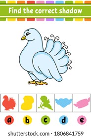 Find the correct shadow. Education developing worksheet. Activity page. Valentine's Day. Color game for children. Isolated vector illustration. Cartoon character.