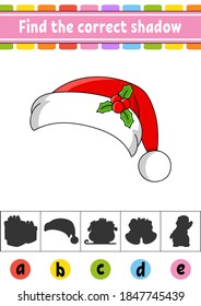 Find the correct shadow. Education developing worksheet. Christmas theme. Activity page. Color game for children. Isolated vector illustration. Cartoon character.