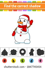 Find the correct shadow. Education developing worksheet. Christmas theme. Activity page. Color game for children. Isolated vector illustration. Cartoon character.