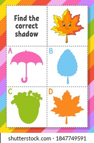 Find the correct shadow. Education developing worksheet for kids. Puzzle game. Activity page. Cartoon character. Autumn theme.