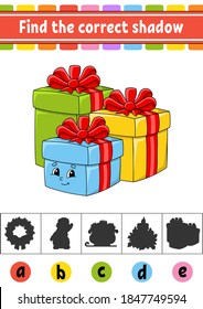 Find the correct shadow  Education developing worksheet  Christmas theme  Activity page  Color game for children  Isolated vector illustration  Cartoon character 