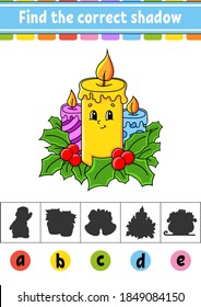 Find the correct shadow. Education developing worksheet. Christmas theme. Activity page. Color game for children. Isolated vector illustration. Cartoon character.