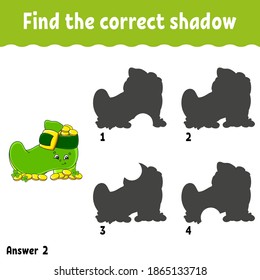 Find the correct shadow. Education developing worksheet. Matching game for kids. Activity page. Puzzle for children. Cartoon character. Isolated vector illustration. St. Patrick's day.