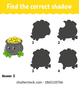 Find the correct shadow. Education developing worksheet. Matching game for kids. Activity page. Puzzle for children. Cartoon character. Isolated vector illustration. St. Patrick's day.