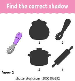 Find the correct shadow. Education developing worksheet. Matching game for kids. Activity page. Puzzle for children. Cartoon character. Isolated vector illustration.