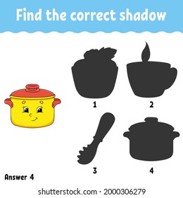 Find the correct shadow. Education developing worksheet. Matching game for kids. Activity page. Puzzle for children. Cartoon character. Isolated vector illustration.