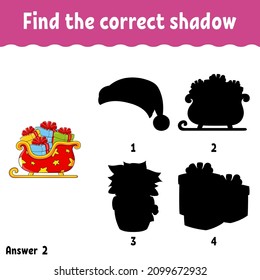Find the correct shadow. Education developing worksheet. Christmas theme. Matching game for kids. Activity page. Puzzle for children. cartoon character. Isolated vector illustration.
