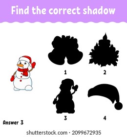 Find the correct shadow. Education developing worksheet. Christmas theme. Matching game for kids. Activity page. Puzzle for children. cartoon character. Isolated vector illustration.