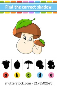 Find the correct shadow. Education developing worksheet. Activity page. Autumn theme. Color game for children. Isolated vector illustration. Cartoon character.