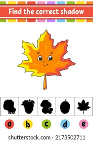 Find the correct shadow. Education developing worksheet. Activity page. Autumn theme. Color game for children. Isolated vector illustration. Cartoon character.