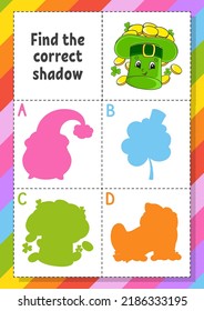 Find the correct shadow. Education developing worksheet for kids. Puzzle game. Activity page. cartoon character. Vector illustration.