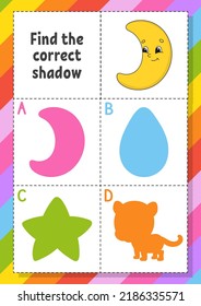 Find the correct shadow. Education developing worksheet for kids. Puzzle game. Activity page. cartoon character. Vector illustration.