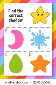 Find the correct shadow. Education developing worksheet for kids. Puzzle game. Activity page. cartoon character. Vector illustration.