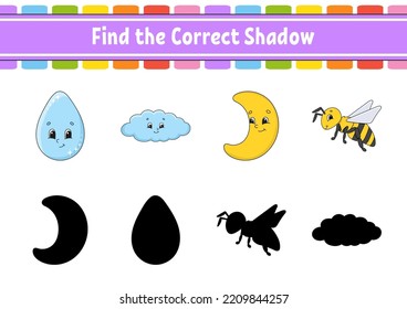 Find the correct shadow. Education developing worksheet. Matching game for kids. Color activity page. Puzzle for children. Cute character. Vector illustration. Cartoon style.