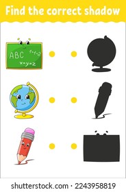 Find the correct shadow. Education developing worksheet. Matching game for kids. Color activity page. Puzzle for children. Cute character. Vector illustration.