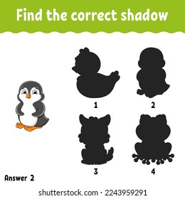 Find the correct shadow. Education developing worksheet. Matching game for kids. Activity page. Puzzle for children. cartoon character. Vector illustration.