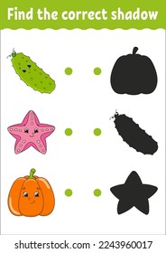 Find the correct shadow. Education developing worksheet. Matching game for kids. Color activity page. Puzzle for children. Cute character. Vector illustration.