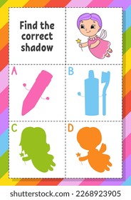 Find the correct shadow. Education developing worksheet for kids. Puzzle game. Activity page. cartoon character. Vector illustration.