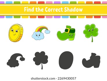 Find the correct shadow. Education developing worksheet. Matching game for kids. Color activity page. Puzzle for children. Cute character. Vector illustration.