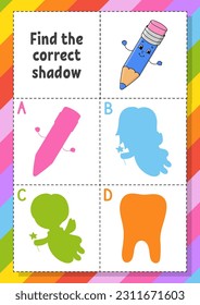 Find the correct shadow. Education developing worksheet for kids. Puzzle game. Activity page. cartoon character. Vector illustration.