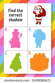 Find the correct shadow. Education developing worksheet for kids. Puzzle game. Activity page. cartoon character. Vector illustration.