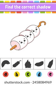 Find the correct shadow. Education developing worksheet. Activity page. Color game for children. Cartoon character. Vector illustration.