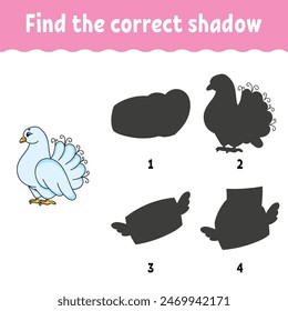 Find the correct shadow. Education developing worksheet. Matching game for kids. Activity page. Puzzle for children. cartoon character. Vector illustration.