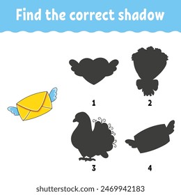 Find the correct shadow. Education developing worksheet. Matching game for kids. Activity page. Puzzle for children. cartoon character. Vector illustration.