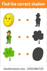 Find the correct shadow. Education developing worksheet. Matching game for kids. Color activity page. Puzzle for children. Cute character. Vector illustration.