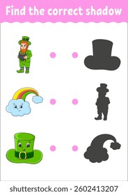 Find the correct shadow. Education developing worksheet. Matching game for kids. Color activity page. Puzzle for children. Cute character. Vector illustration.