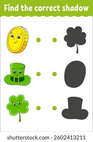 Find the correct shadow. Education developing worksheet. Matching game for kids. Color activity page. Puzzle for children. Cute character. Vector illustration.