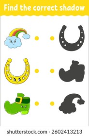 Find the correct shadow. Education developing worksheet. Matching game for kids. Color activity page. Puzzle for children. Cute character. Vector illustration.