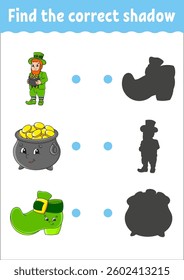 Find the correct shadow. Education developing worksheet. Matching game for kids. Color activity page. Puzzle for children. Cute character. Vector illustration.