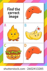Find the correct shadow. Education developing worksheet for kids. Puzzle game. Activity page. cartoon character. Vector illustration.