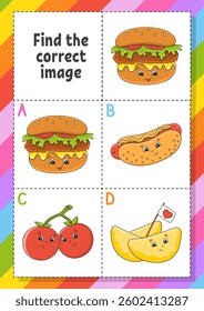 Find the correct shadow. Education developing worksheet for kids. Puzzle game. Activity page. cartoon character. Vector illustration.