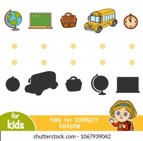 Find the correct shadow, education game for children. Cartoon school objects